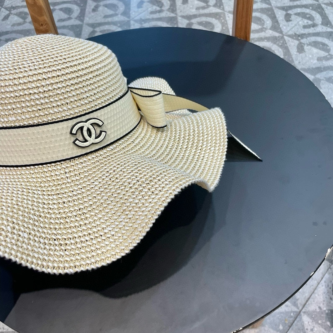 Ruffled pearl style wide brim hat