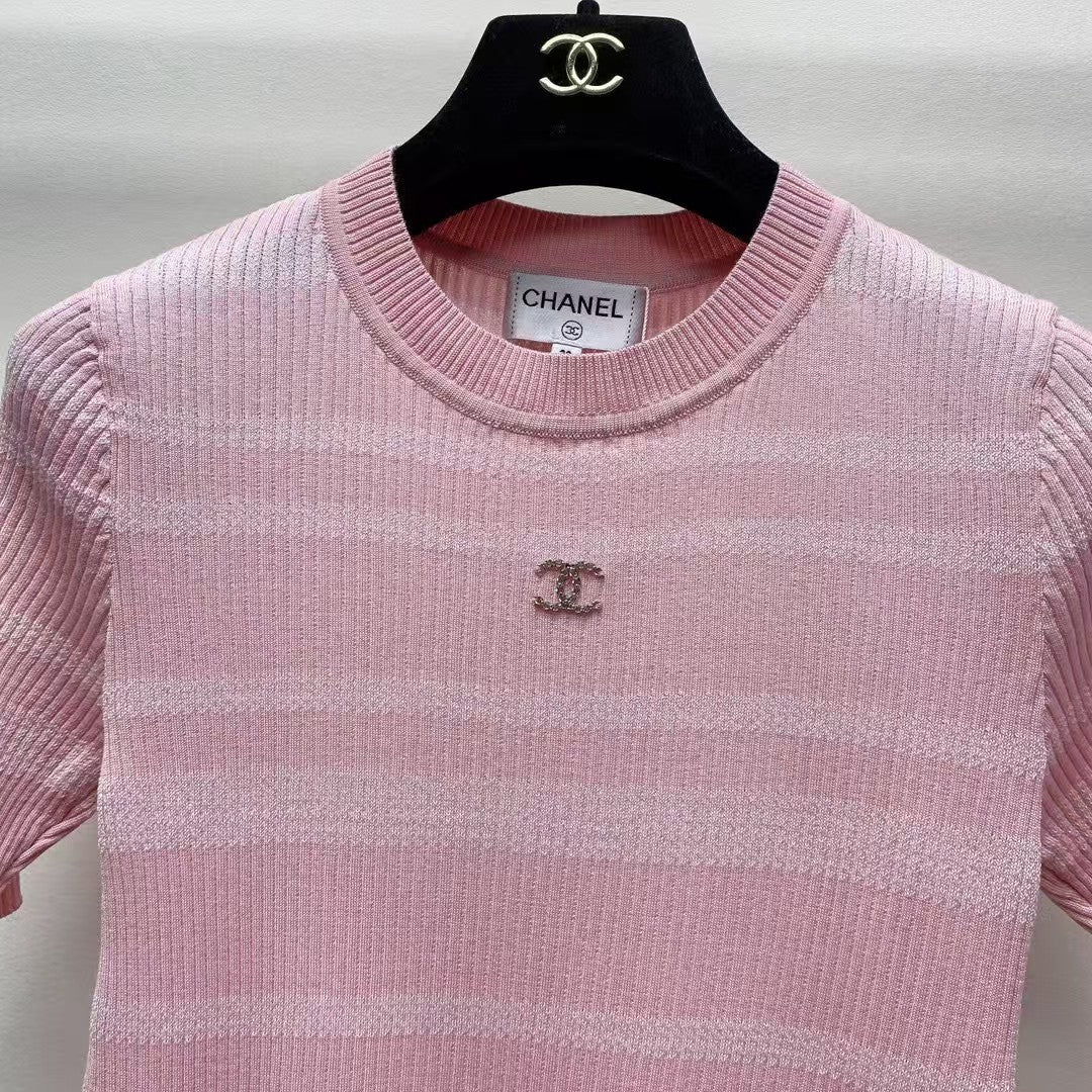 Spring and Summer New Round Neck Striped Knitted Sweater Short Sleeve