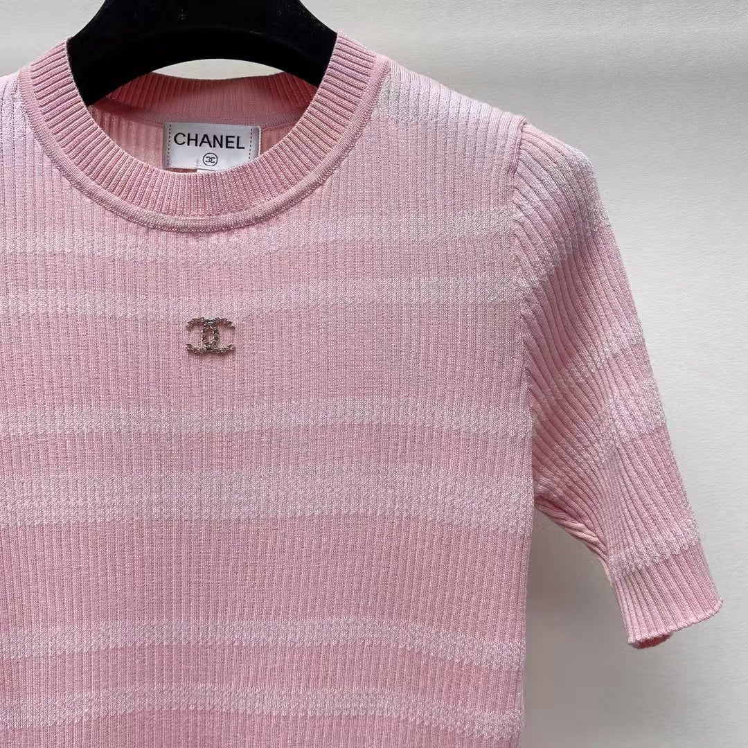 Spring and Summer New Round Neck Striped Knitted Sweater Short Sleeve