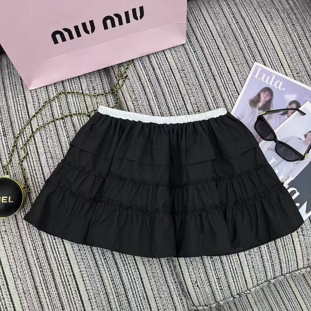 Contrast elastic waist short skirt
