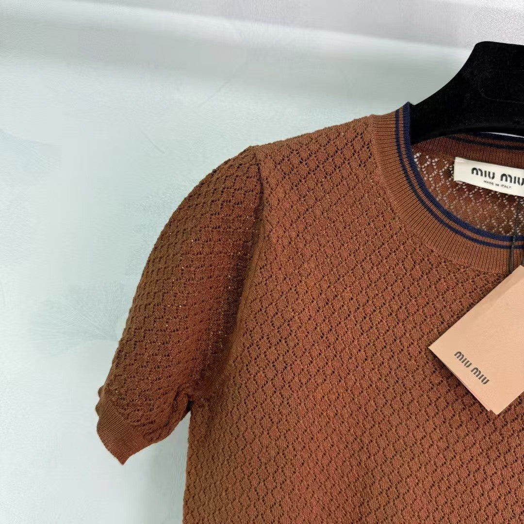 Hollow knit crew neck short sleeves