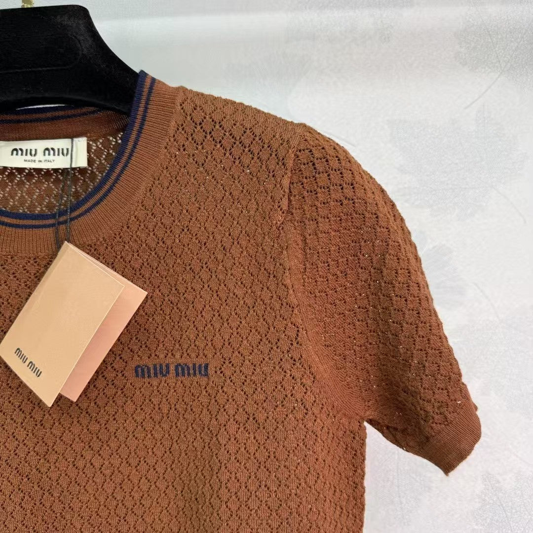 Hollow knit crew neck short sleeves