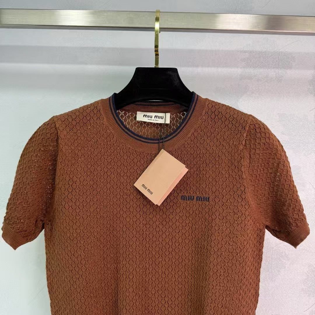 Hollow knit crew neck short sleeves