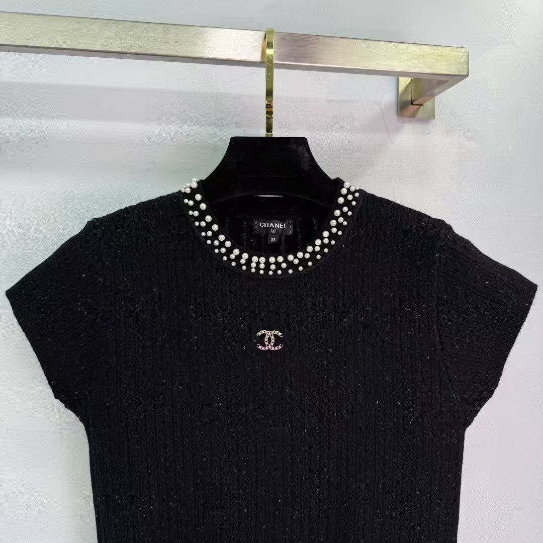 New Arrivals Pearl Round Neck Knitted Short Sleeve