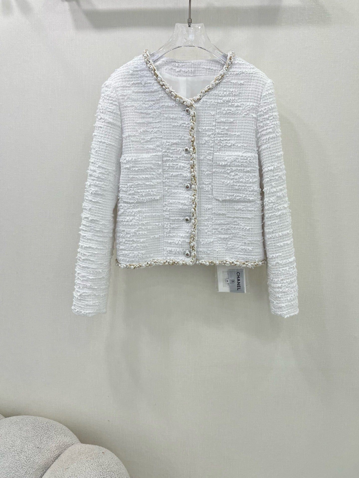 New Tweed Round Neck Pearl Coat