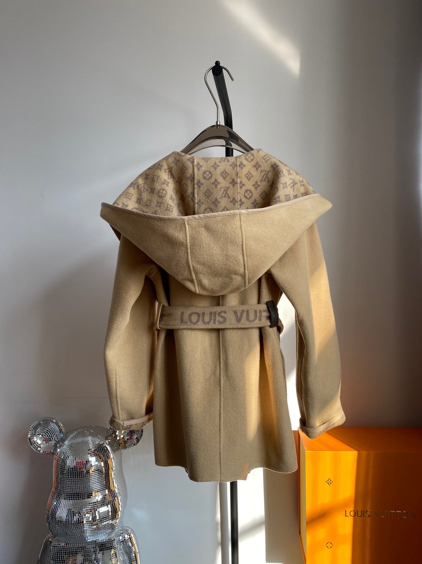 Wrap-around hooded cashmere and wool coat with small monogram pattern
