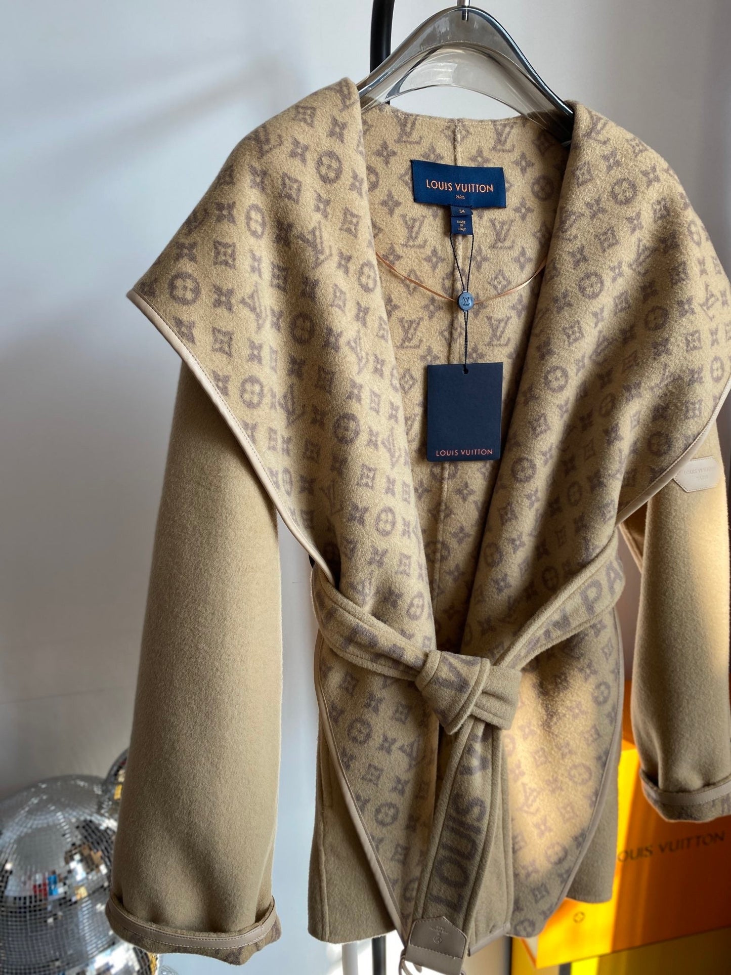 Wrap-around hooded cashmere and wool coat with small monogram pattern