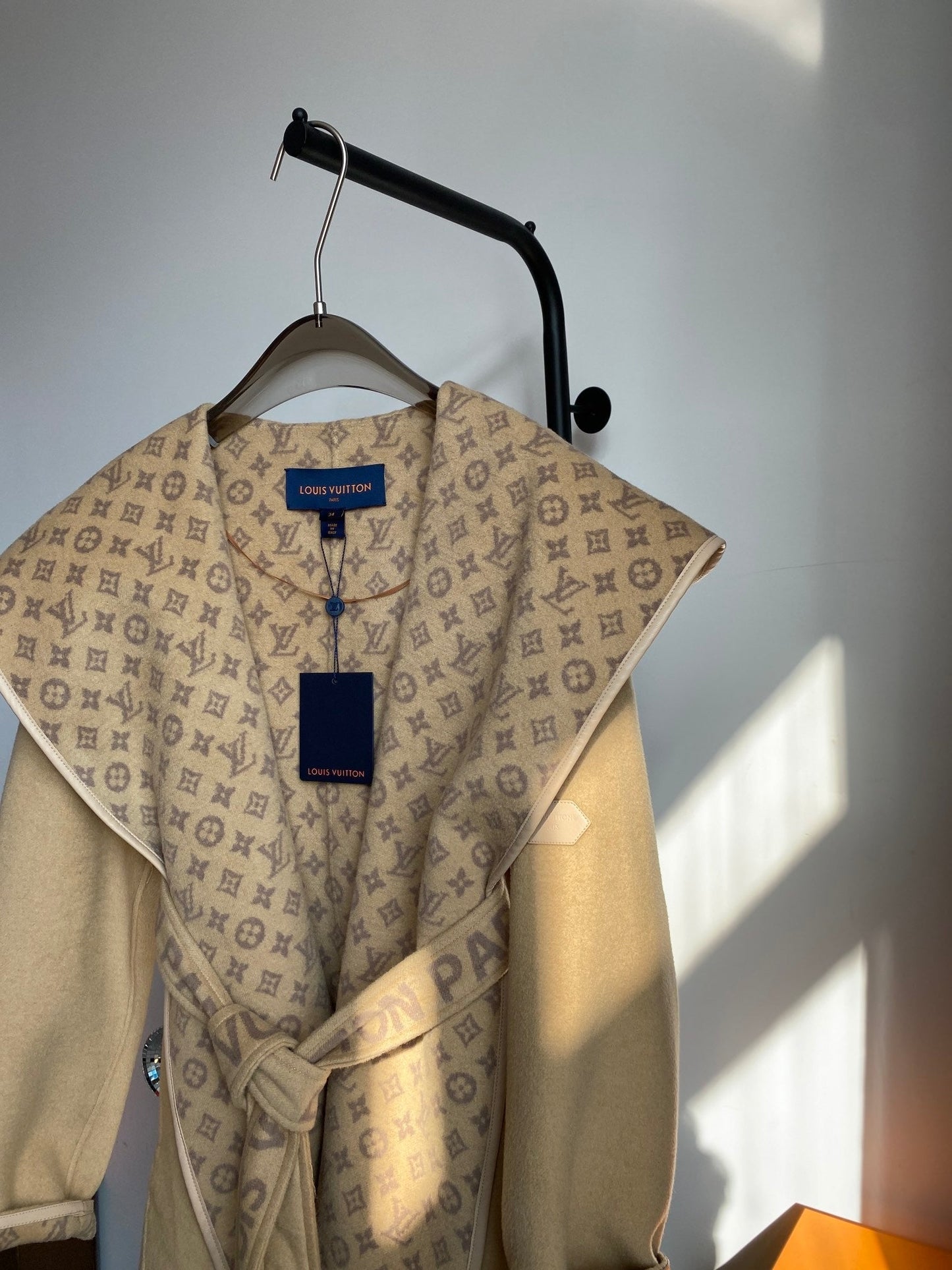 Wrap-around hooded cashmere and wool coat with small monogram pattern