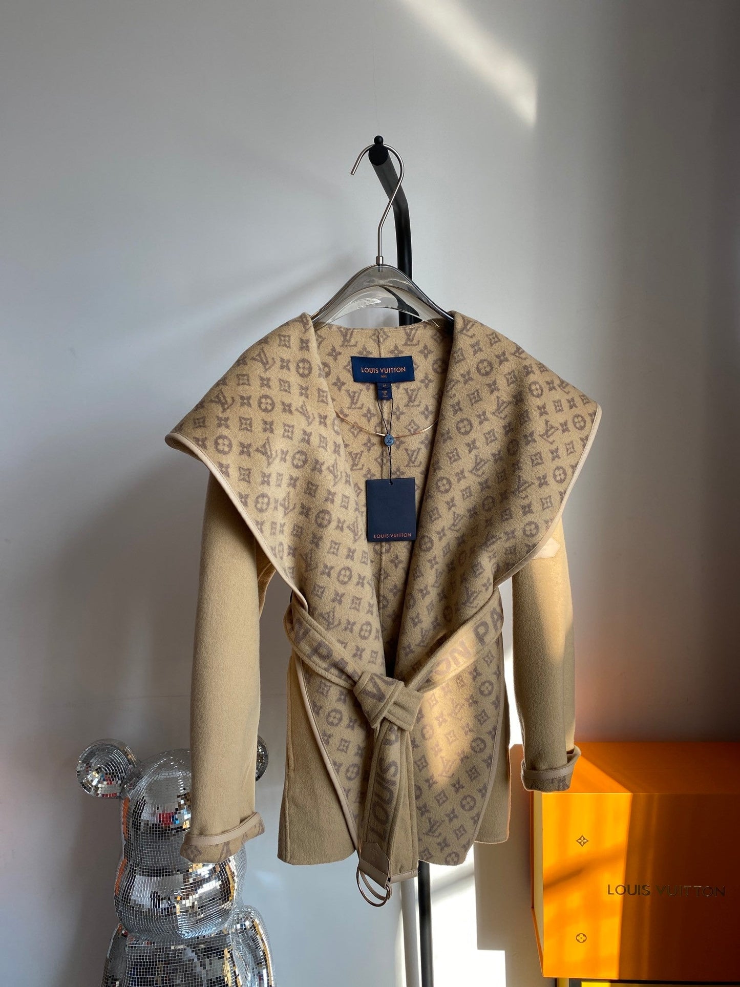 Wrap-around hooded cashmere and wool coat with small monogram pattern