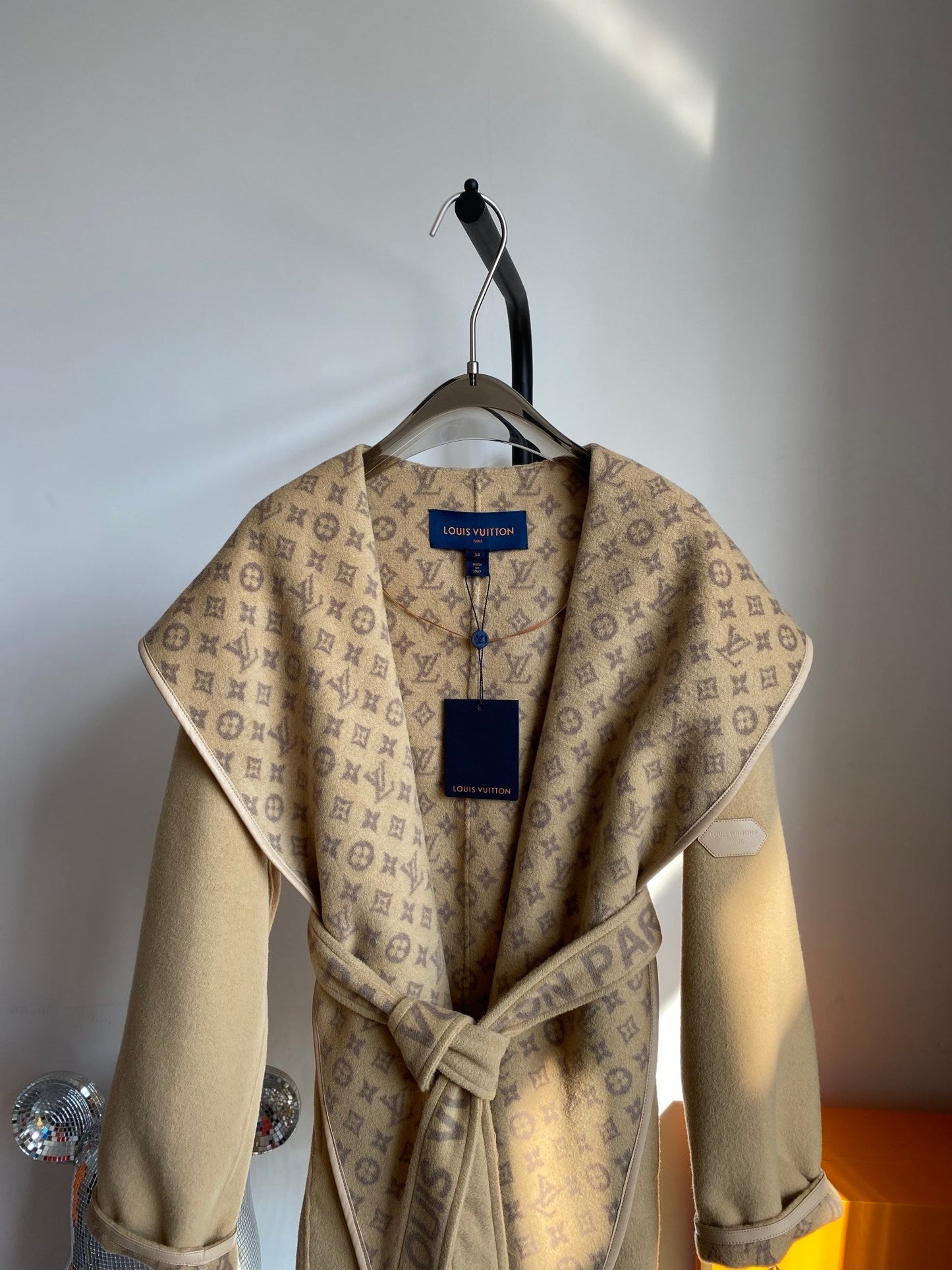 Wrap-around hooded cashmere and wool coat with small monogram pattern