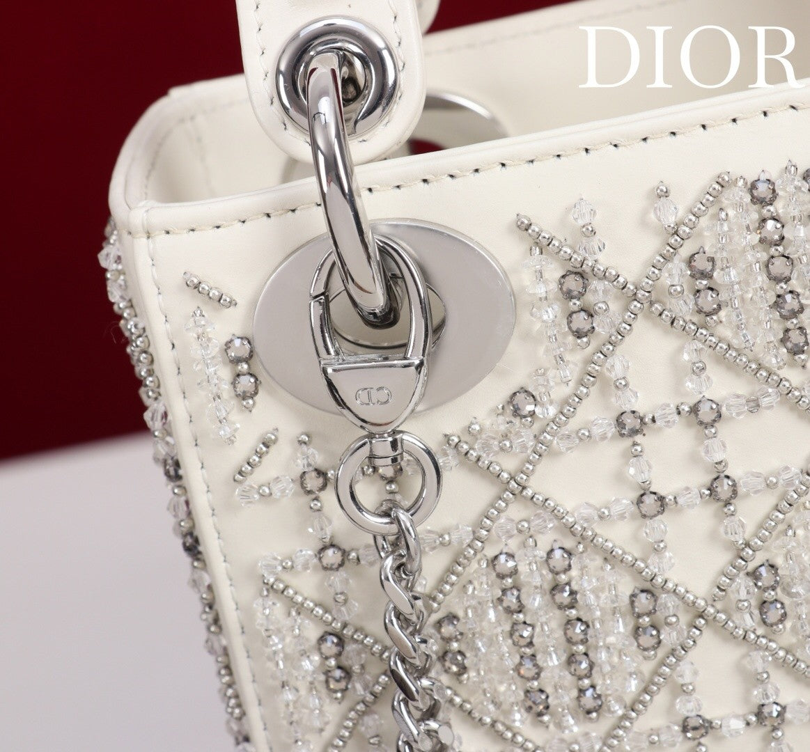 Embroidered white silver diamond bead bag