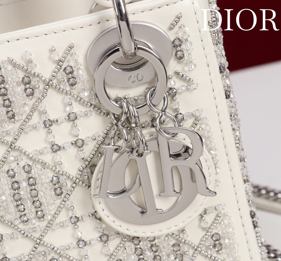 Embroidered white silver diamond bead bag