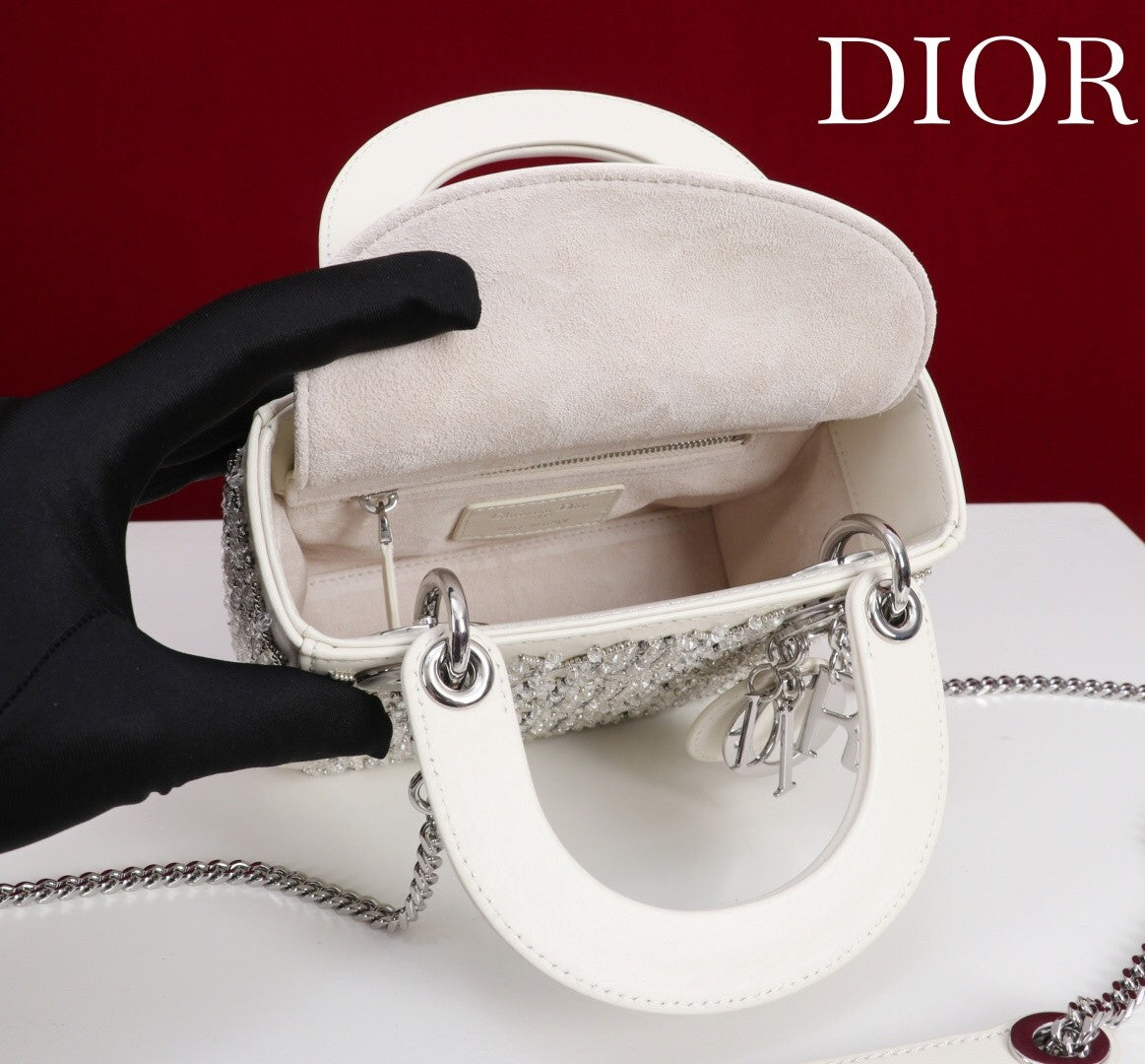 Embroidered white silver diamond bead bag