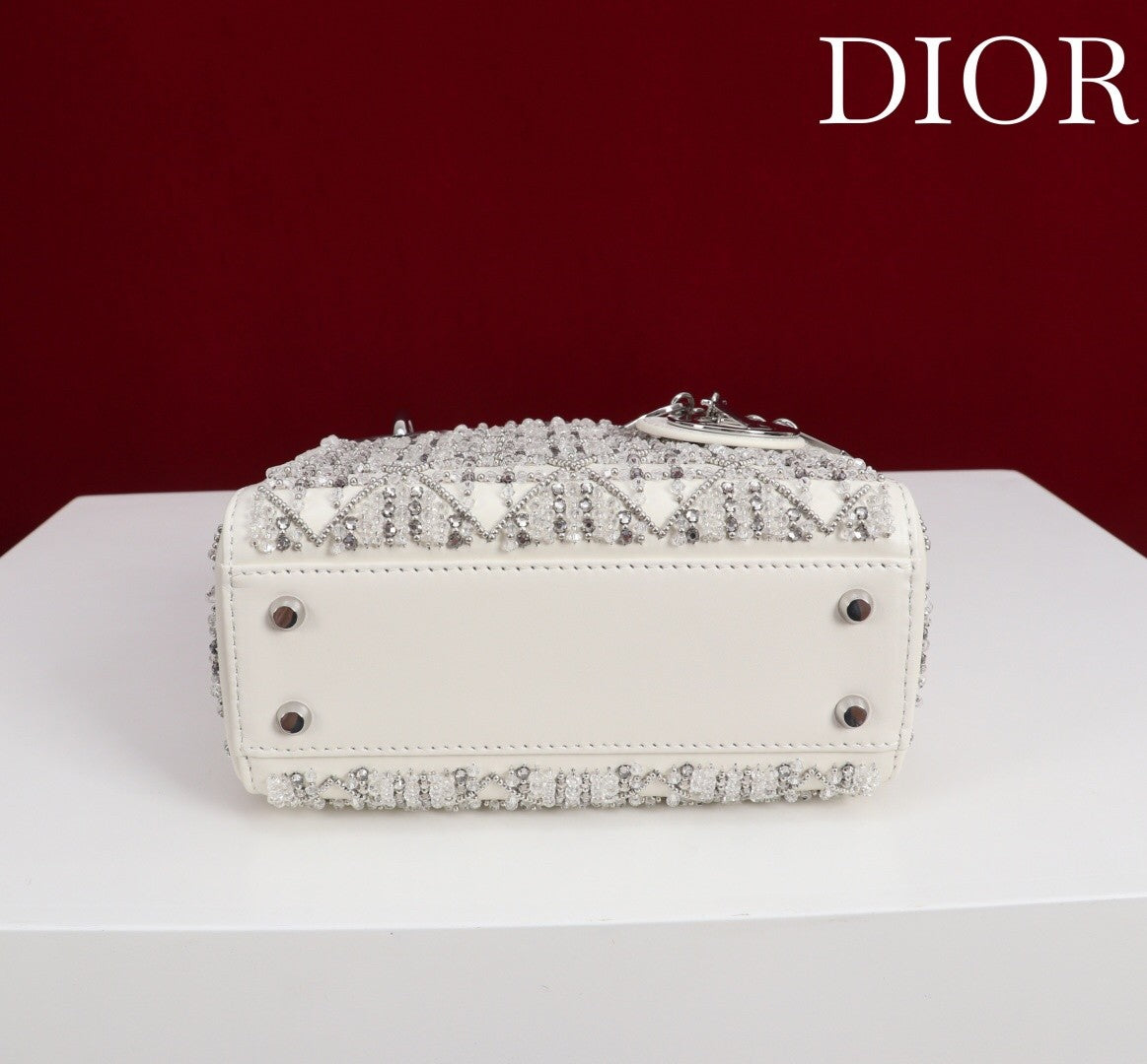 Embroidered white silver diamond bead bag
