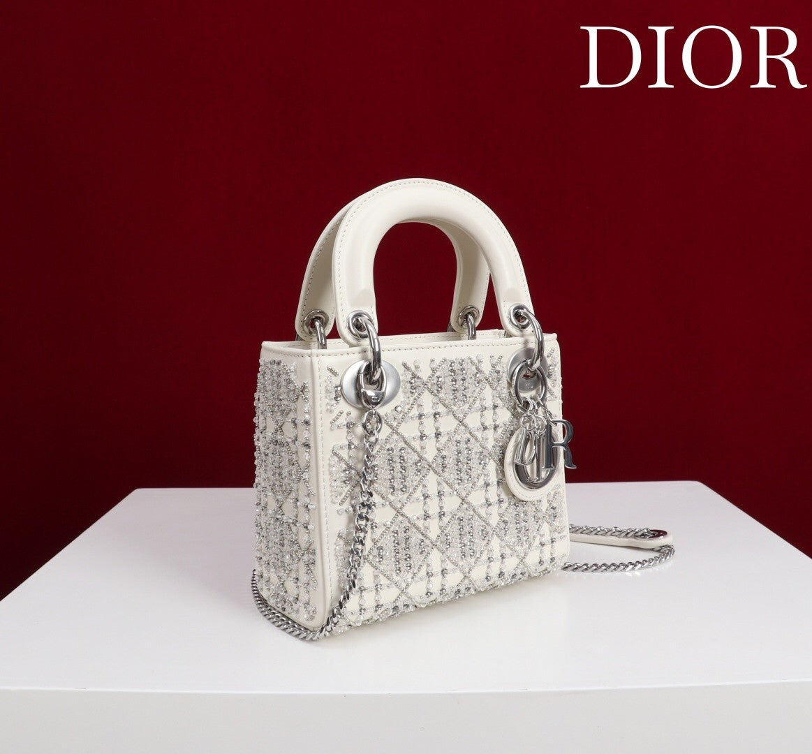 Embroidered white silver diamond bead bag