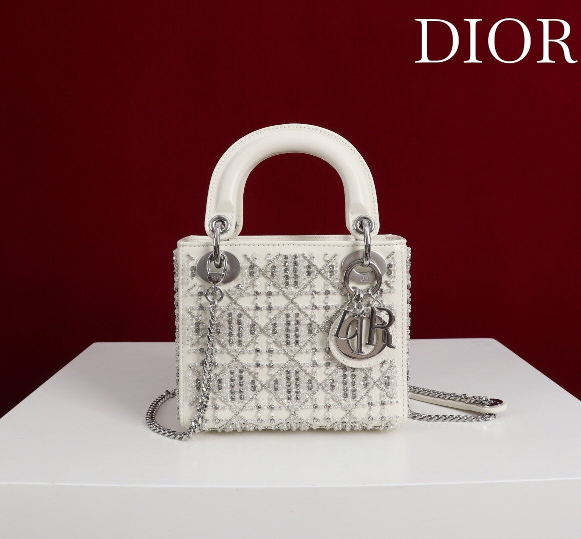 Embroidered white silver diamond bead bag