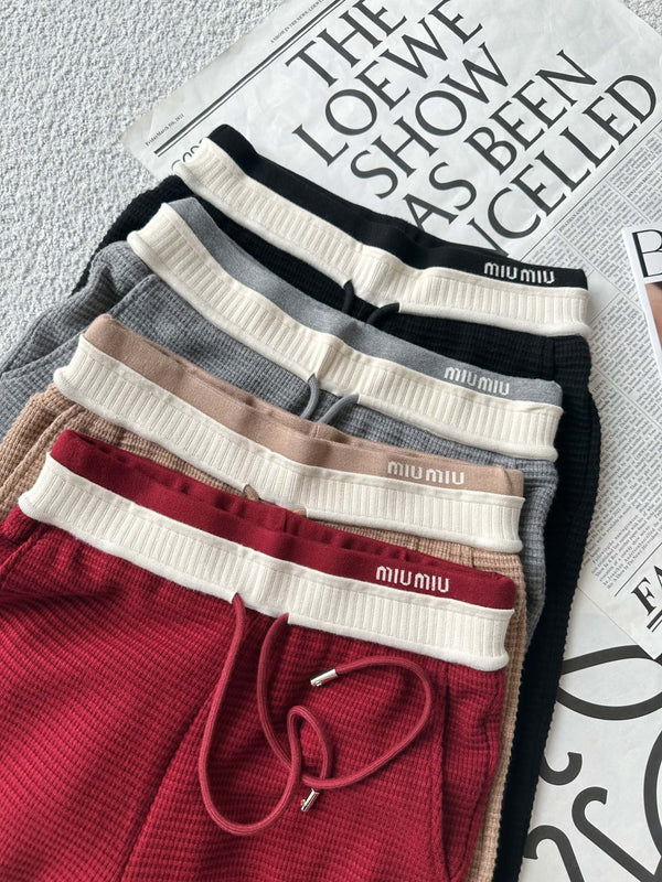 Classic lettering ribbed drawstring casual pants