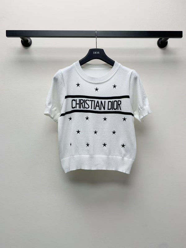 round neck embroidered knitted sweater short sleeves