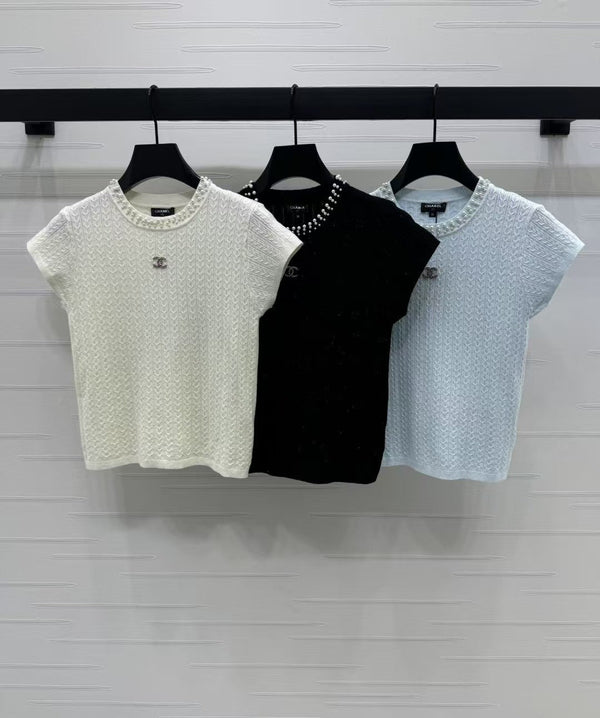 Spring and Summer Small Flying Sleeve Knitted Short Sleeve