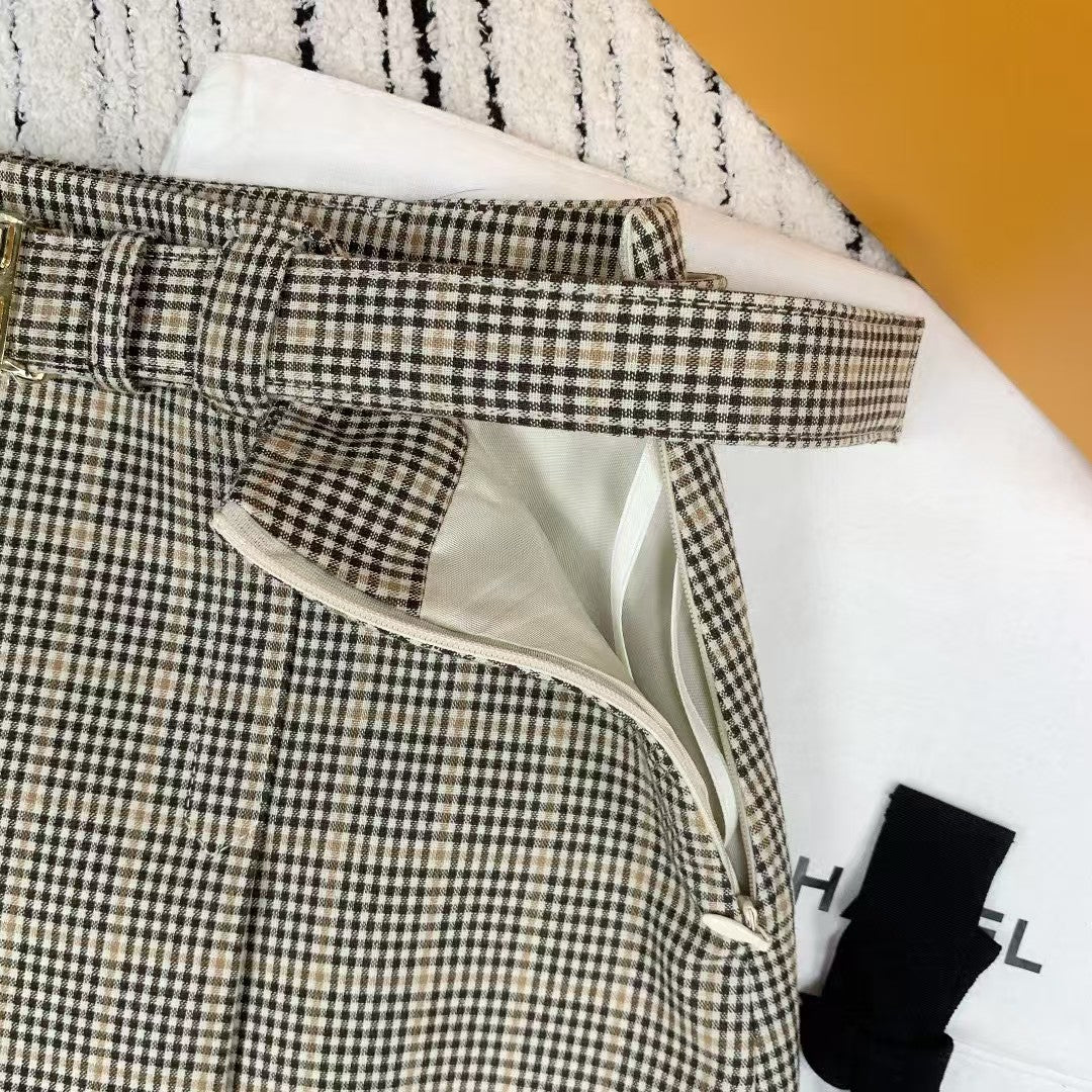 Spring and summer new style side zipper plaid belt skirt