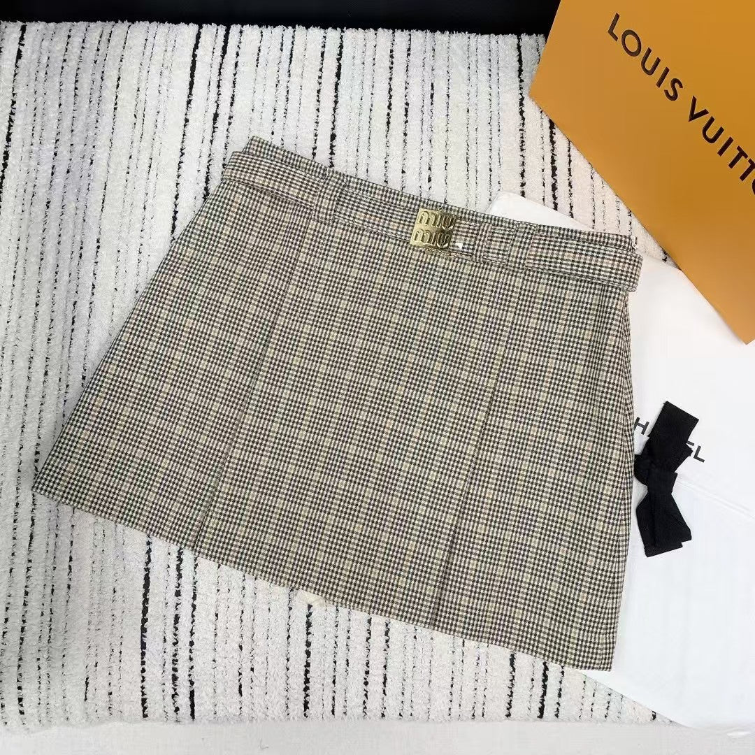 Spring and summer new style side zipper plaid belt skirt
