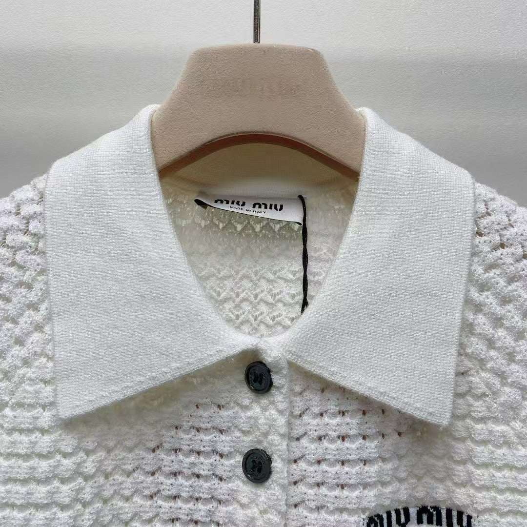 lapel button letter knitted sweater short sleeves