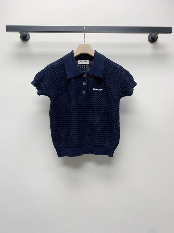 lapel button letter knitted sweater short sleeves