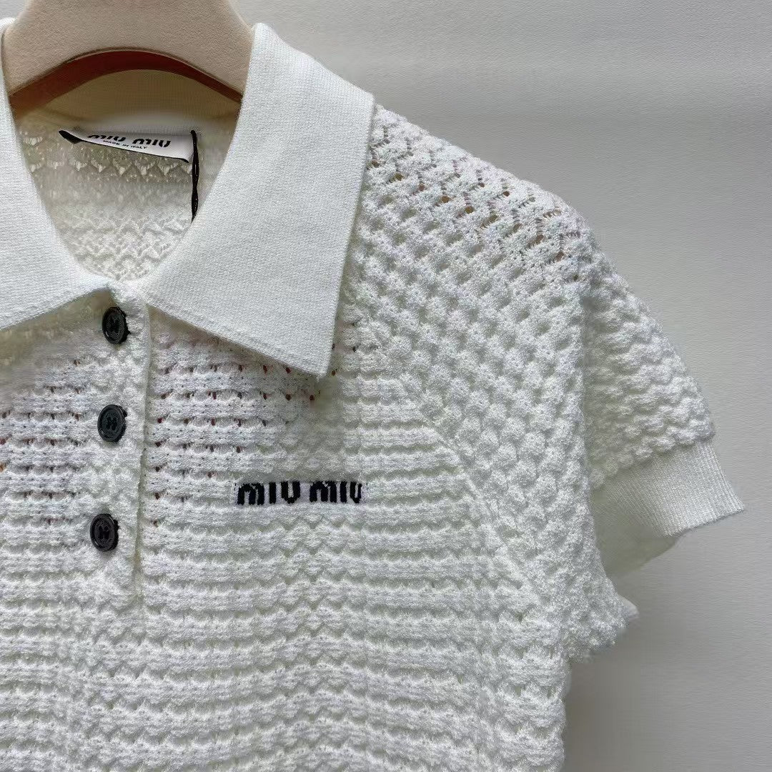 lapel button letter knitted sweater short sleeves