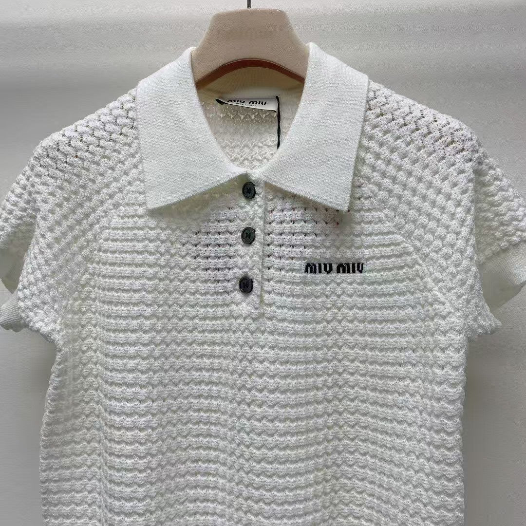 lapel button letter knitted sweater short sleeves