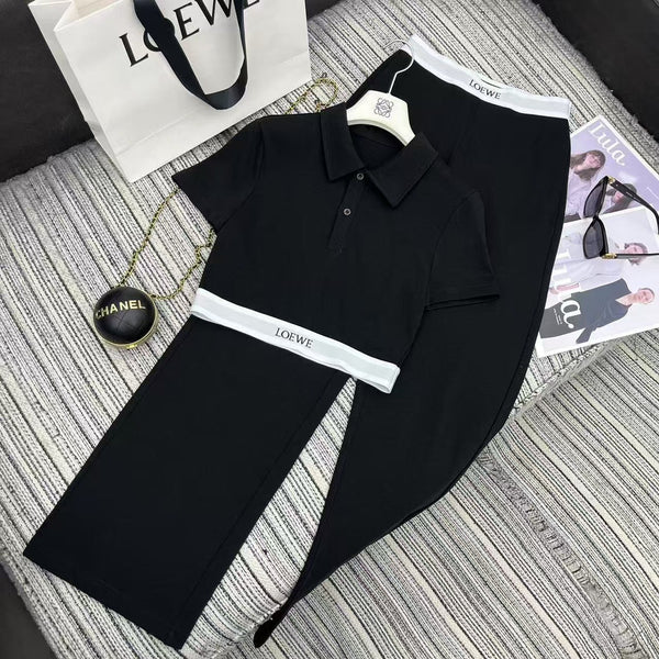 25 Early Spring Splicing Letter Ribbon Lapel Short Sleeve Suit