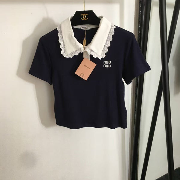 new simple logo embroidery color matching lace lapel short sleeves