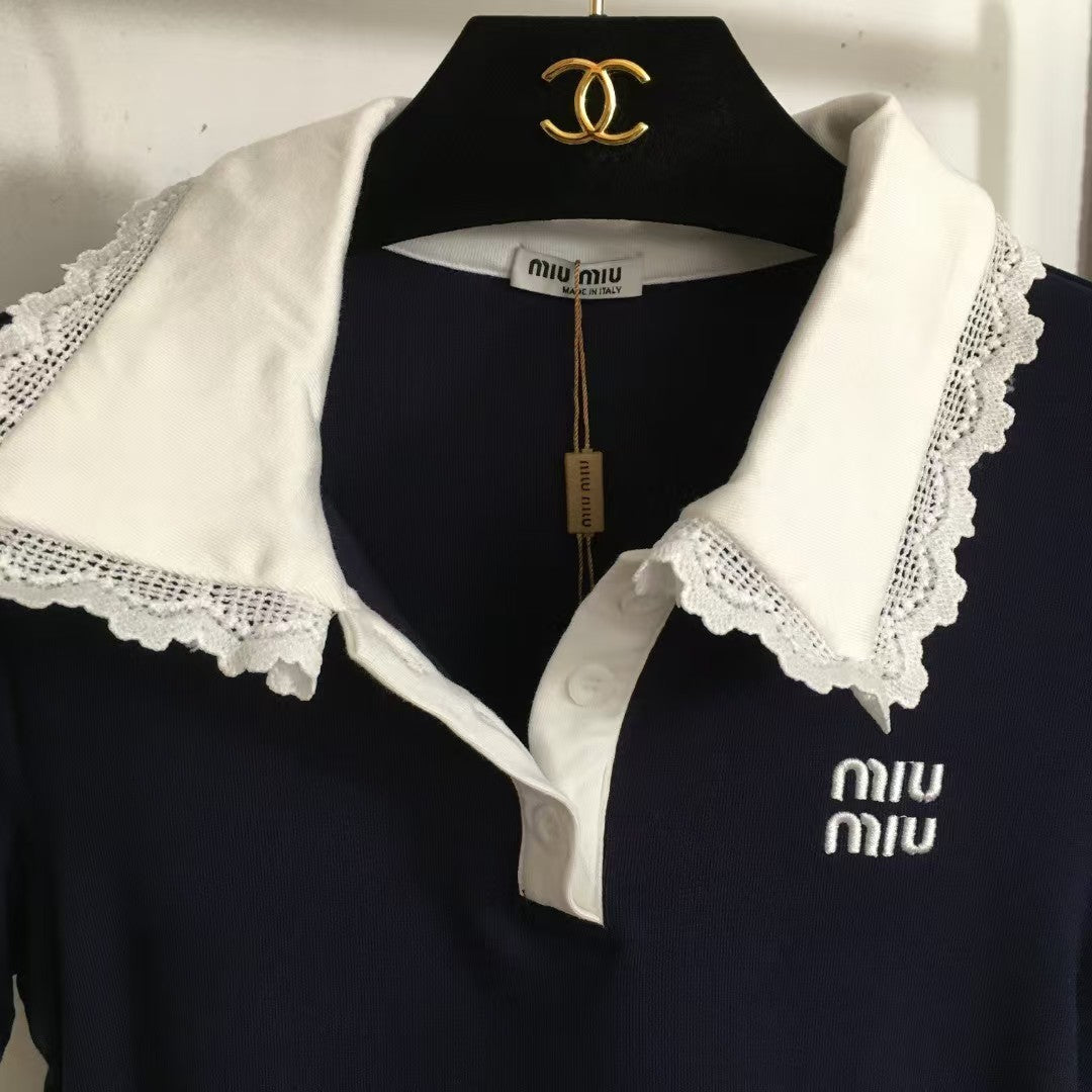 new simple logo embroidery color matching lace lapel short sleeves