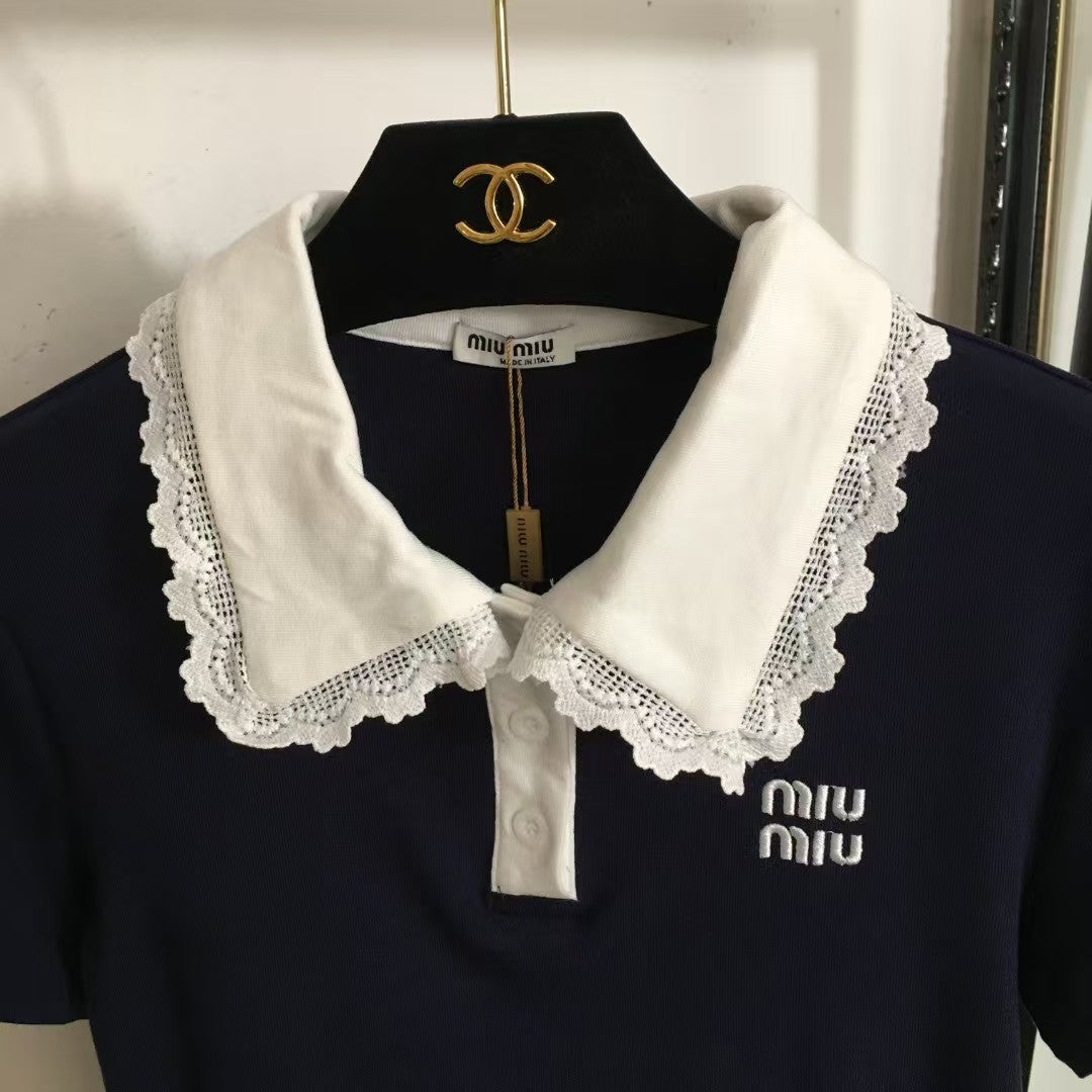 new simple logo embroidery color matching lace lapel short sleeves