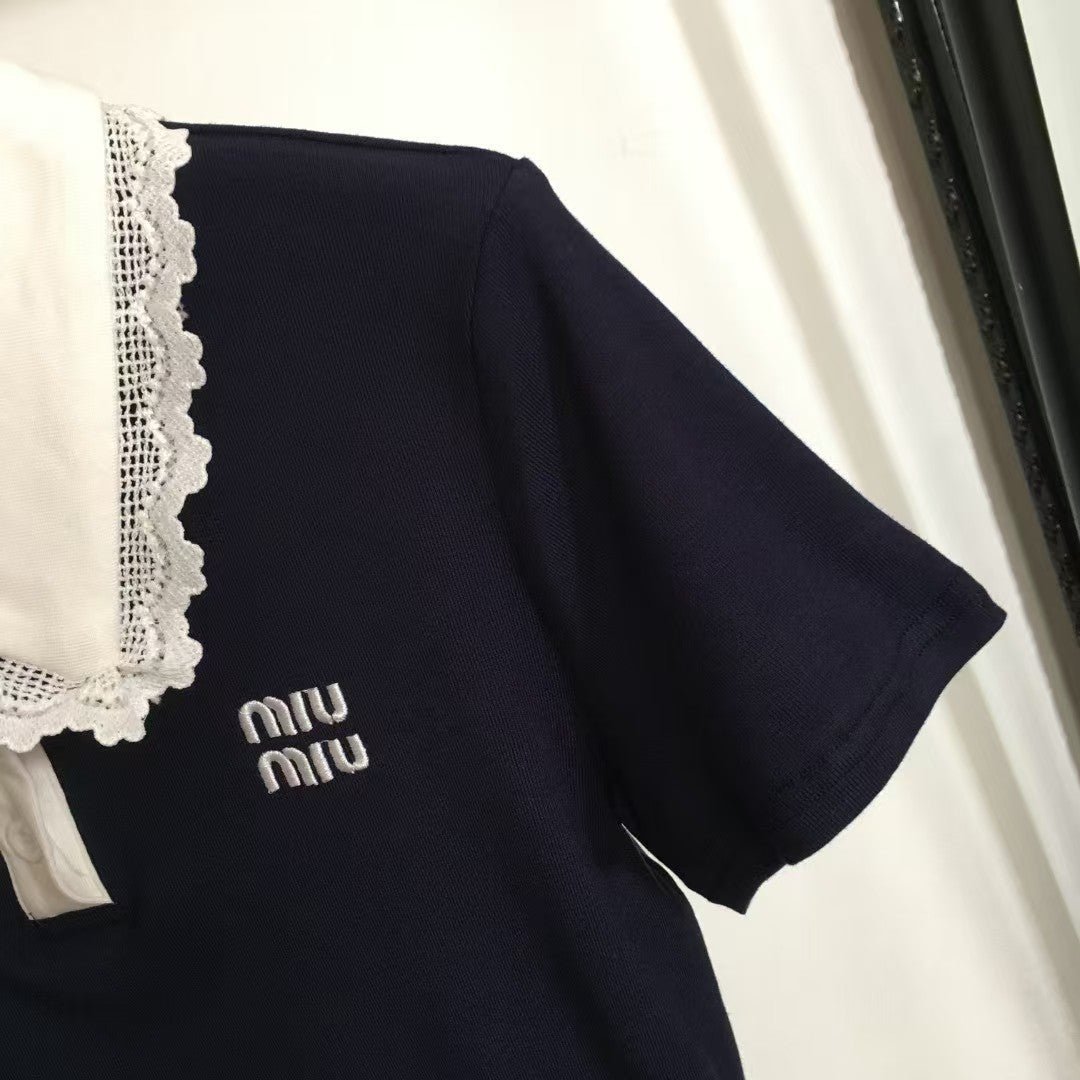 new simple logo embroidery color matching lace lapel short sleeves