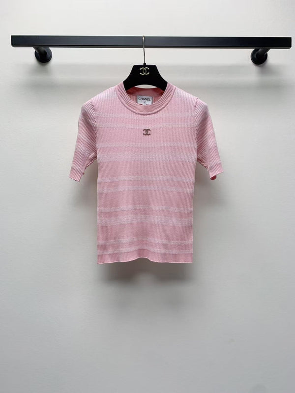 Spring and Summer New Round Neck Striped Knitted Sweater Short Sleeve