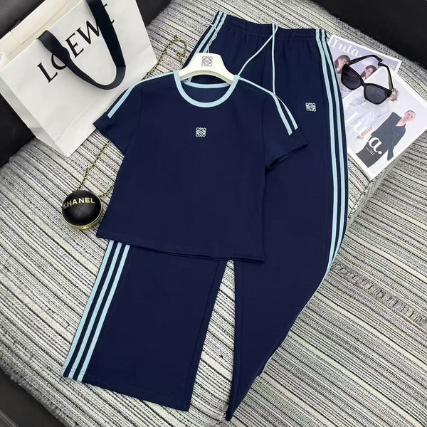 Contrast color short-sleeved elastic waist wide-leg pants suit