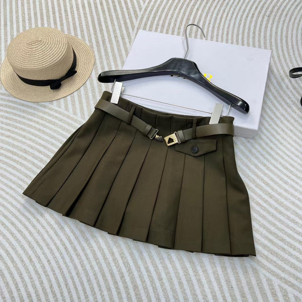 25 new army green belt pleated skirt
