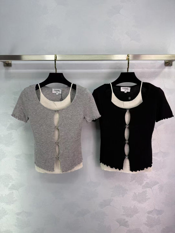 Fake two-piece hollow knit short sleeves