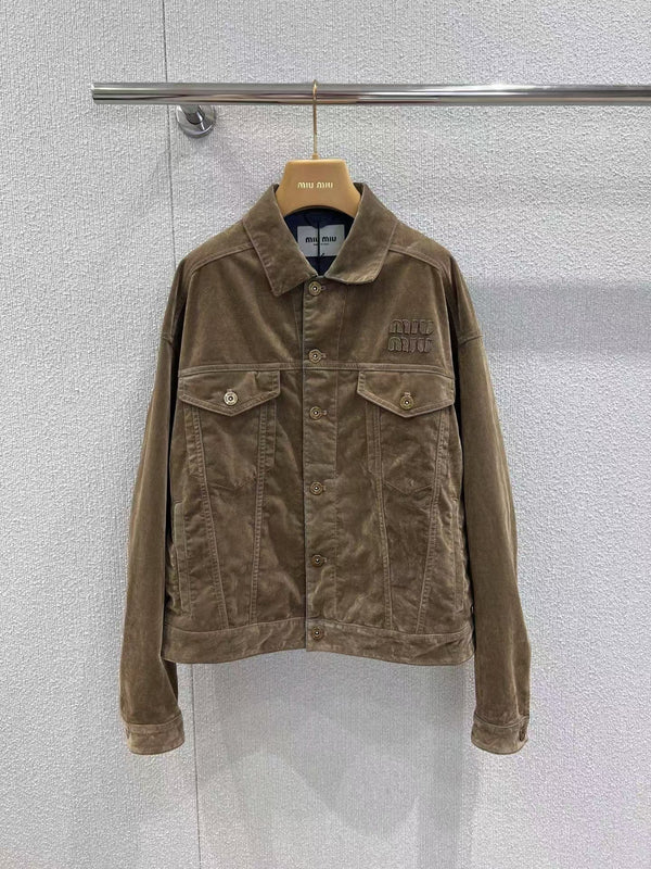 Single-breasted coat with velvet denim lapel