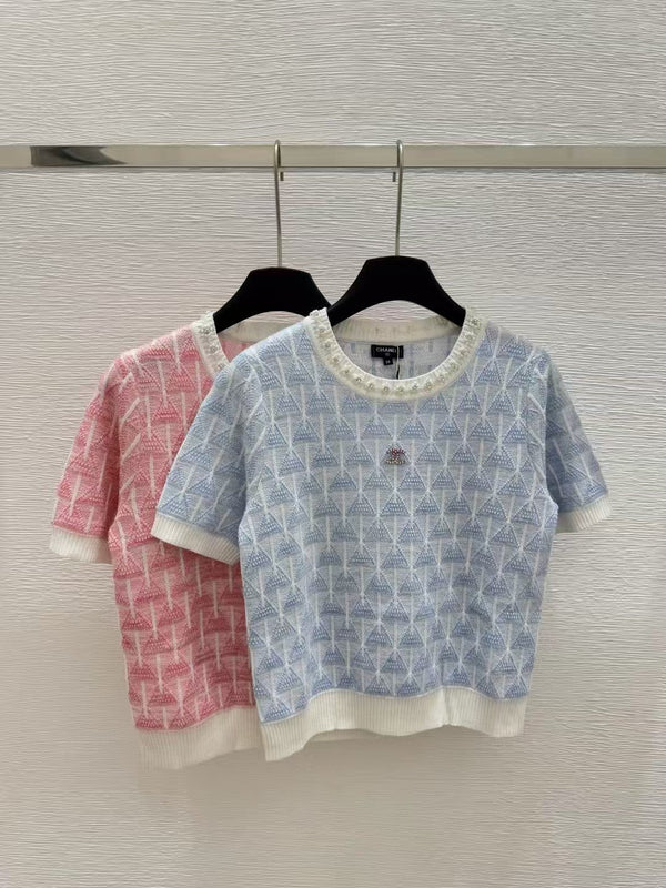 Crew neck beaded knit short sleeves