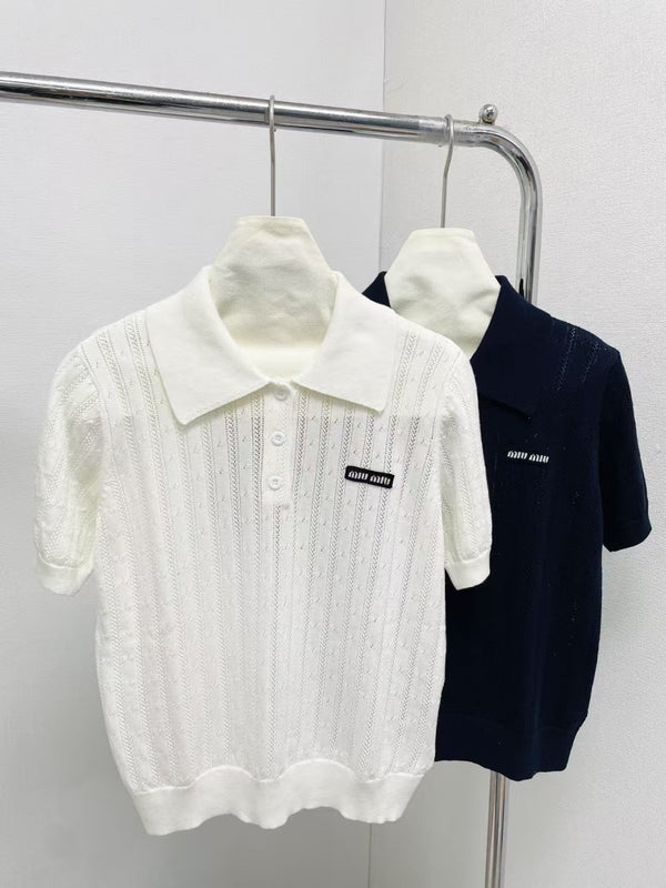 Mesh stitching hollow lapel short sleeves