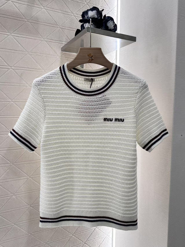 Hollow knit crew neck short sleeves