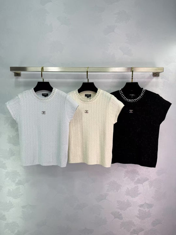 New Arrivals Pearl Round Neck Knitted Short Sleeve