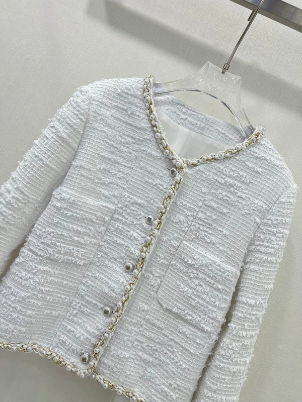 New Tweed Round Neck Pearl Coat