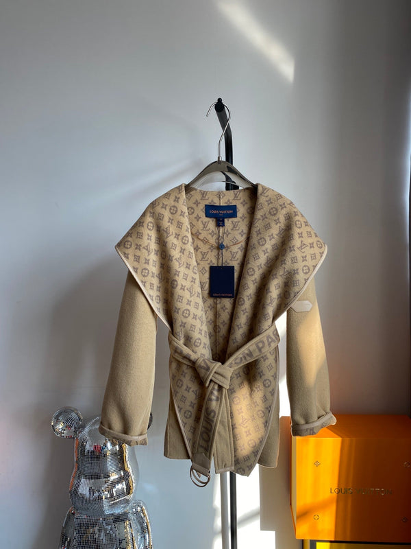 Wrap-around hooded cashmere and wool coat with small monogram pattern