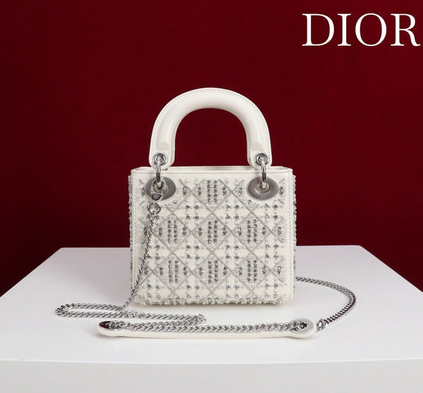 Embroidered white silver diamond bead bag