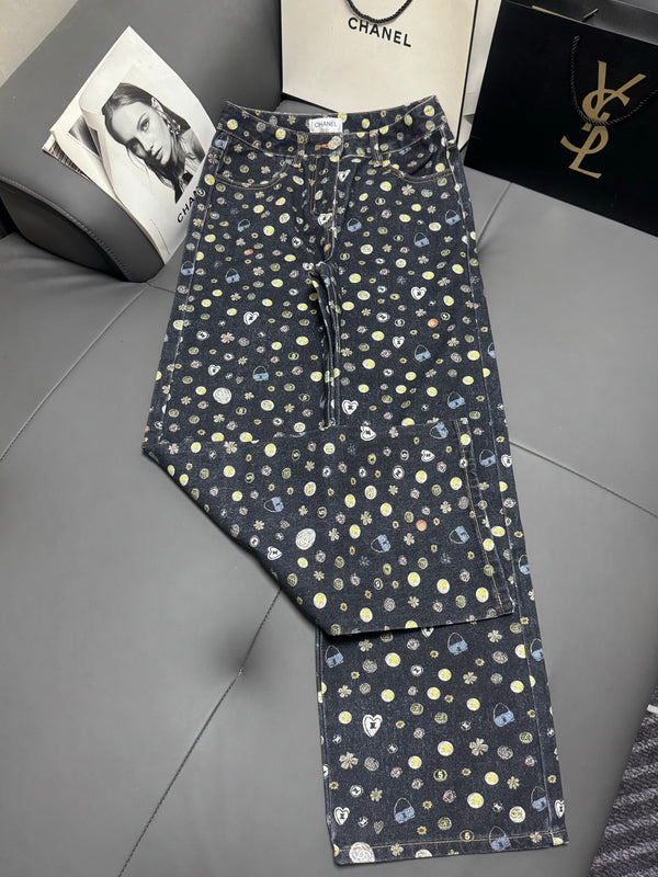 Colorful all-over print two-tone black and white jeans