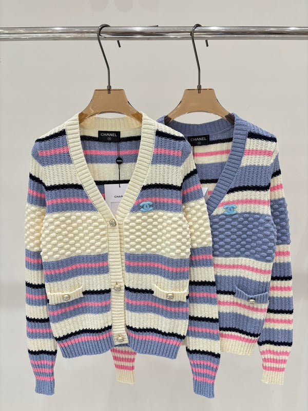 V-neck striped jacquard cardigan
