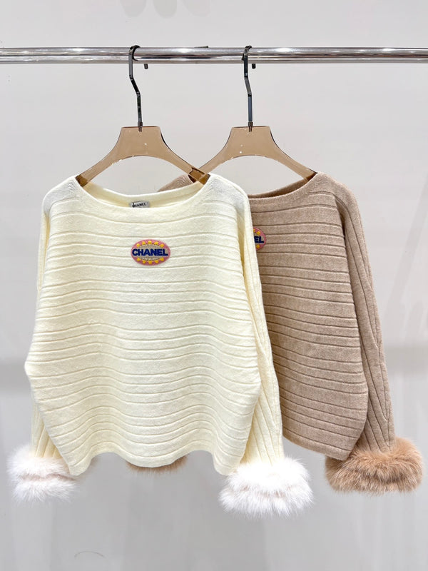 Round neck color-blocked striped knit long sleeve