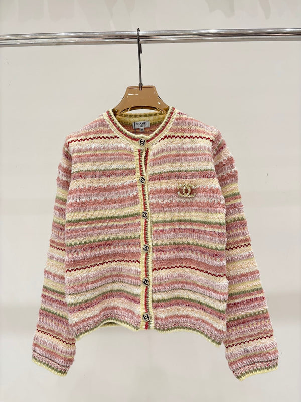 2025 New Round Neck Striped Casual Knit Cardigan
